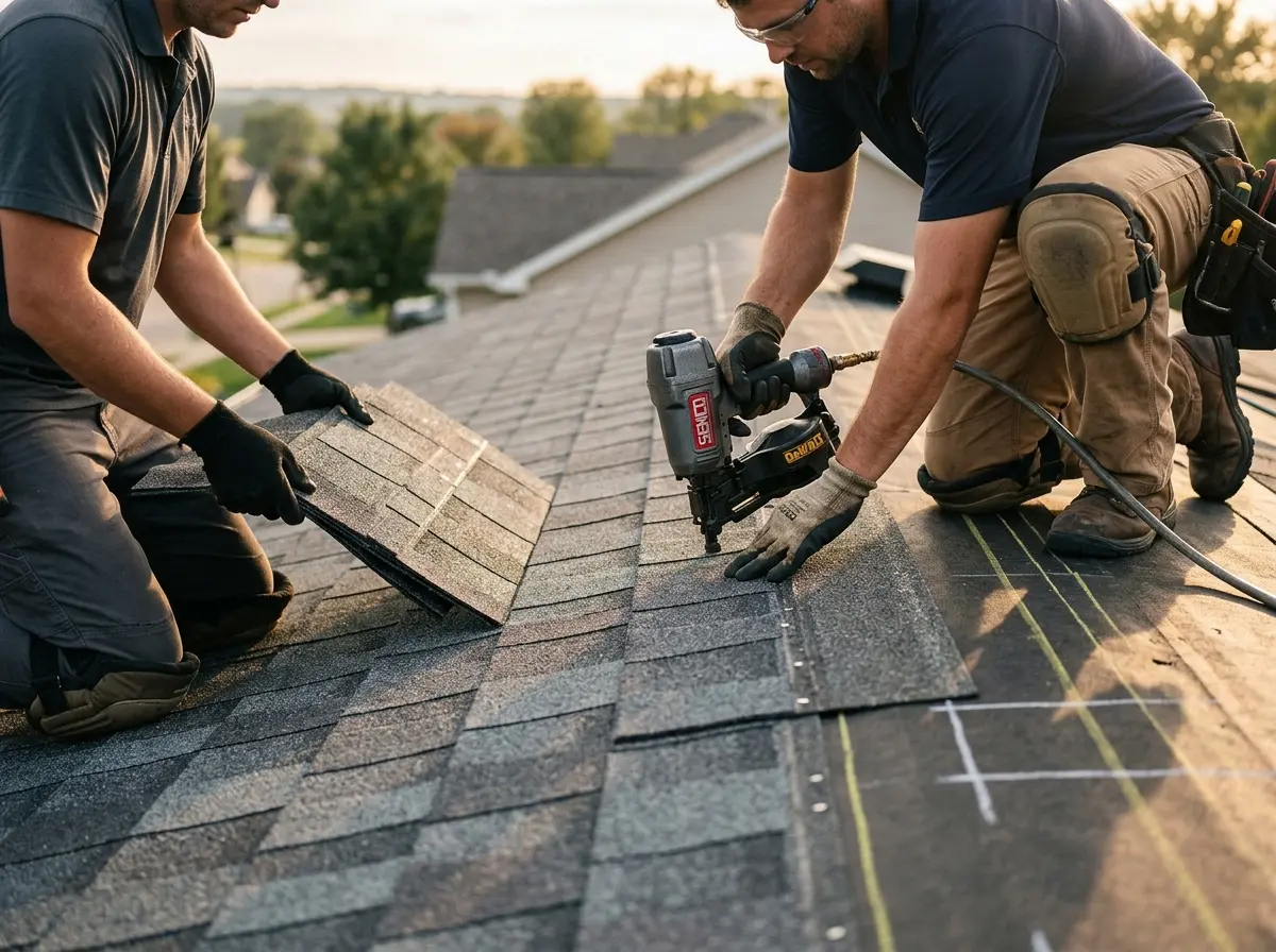 Professional roofer working on a residential roof in Millsboro